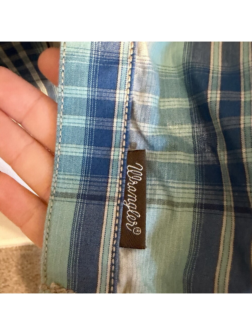 Wrangler Retro Men's L Blue Tan Plaid Woven Long Sleeve Button-Up Shirt - Picture 8 of 9